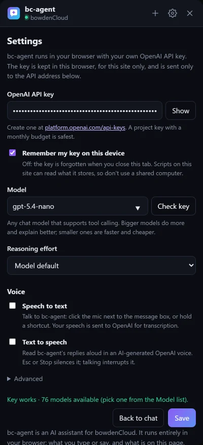 The bc-agent settings after Check key, showing Key works