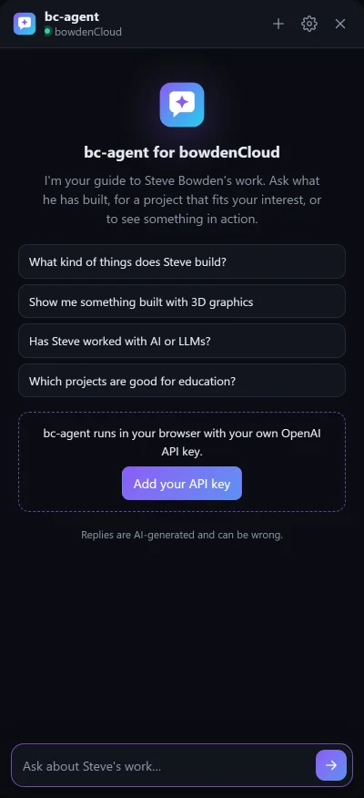 The bc-agent panel the first time it opens: an introduction, suggestions, and an Add your API key button