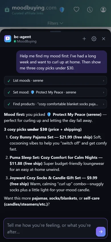 MoodBuying on a phone with the bc-agent sheet open: it has set the mood Protect My Peace and lists three cosy picks under $30
